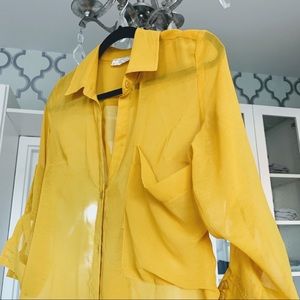 Sheer draping yellow button up shirt